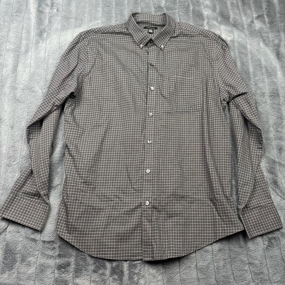 Van Heusen Mens Large 16-16.5 Grey Grid Button Down Long Sleeve Shirt 14769